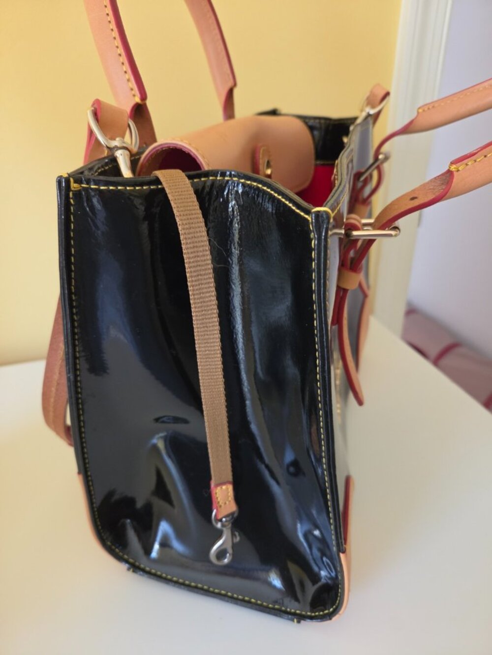 Dooney & Bourke Patent Leather Satchel Crossbody Black Red Interior - Picture 5 of 16
